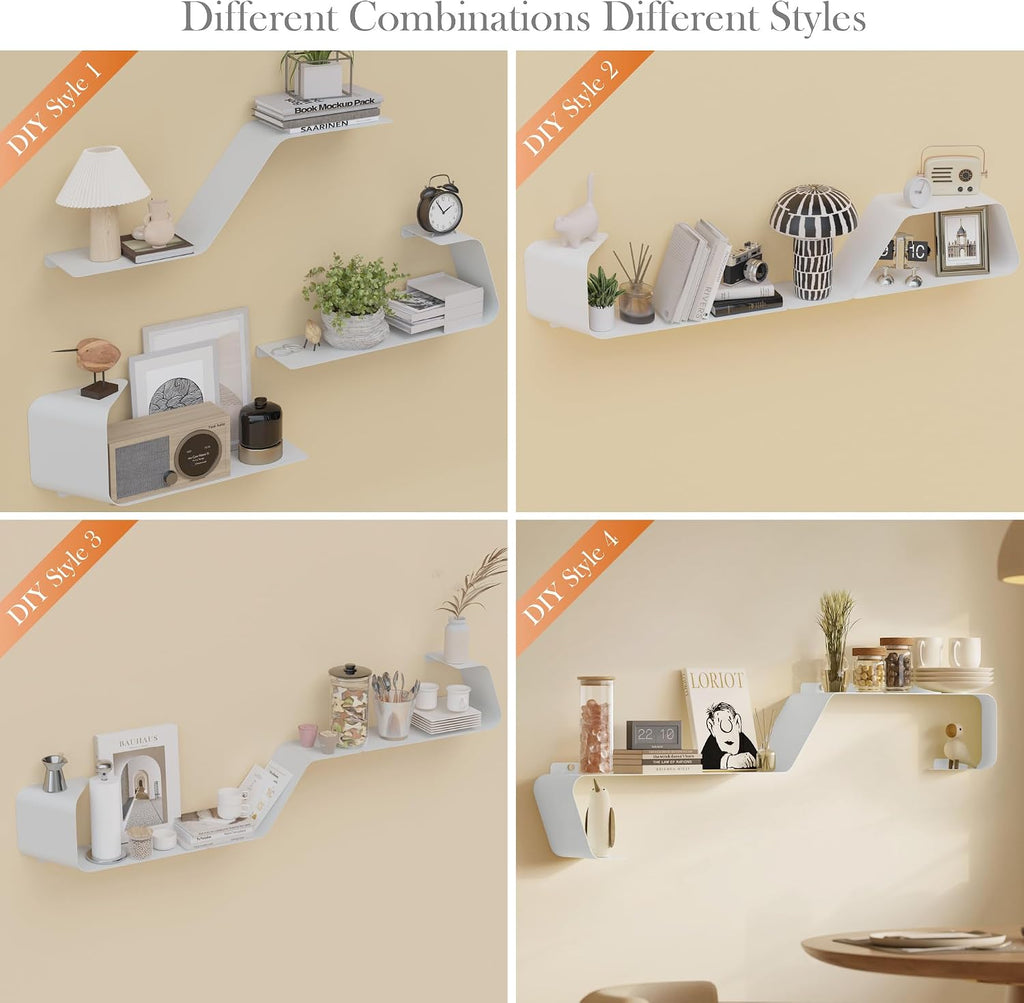 Sttoraboks Floating Shelves - Set of 3 Wall Mounted Metal Shelves with Unique Design for Wall Storage, Book Shelf, Display Shelves for Bathroom, Bedroom, Kitchen, Living Room, White