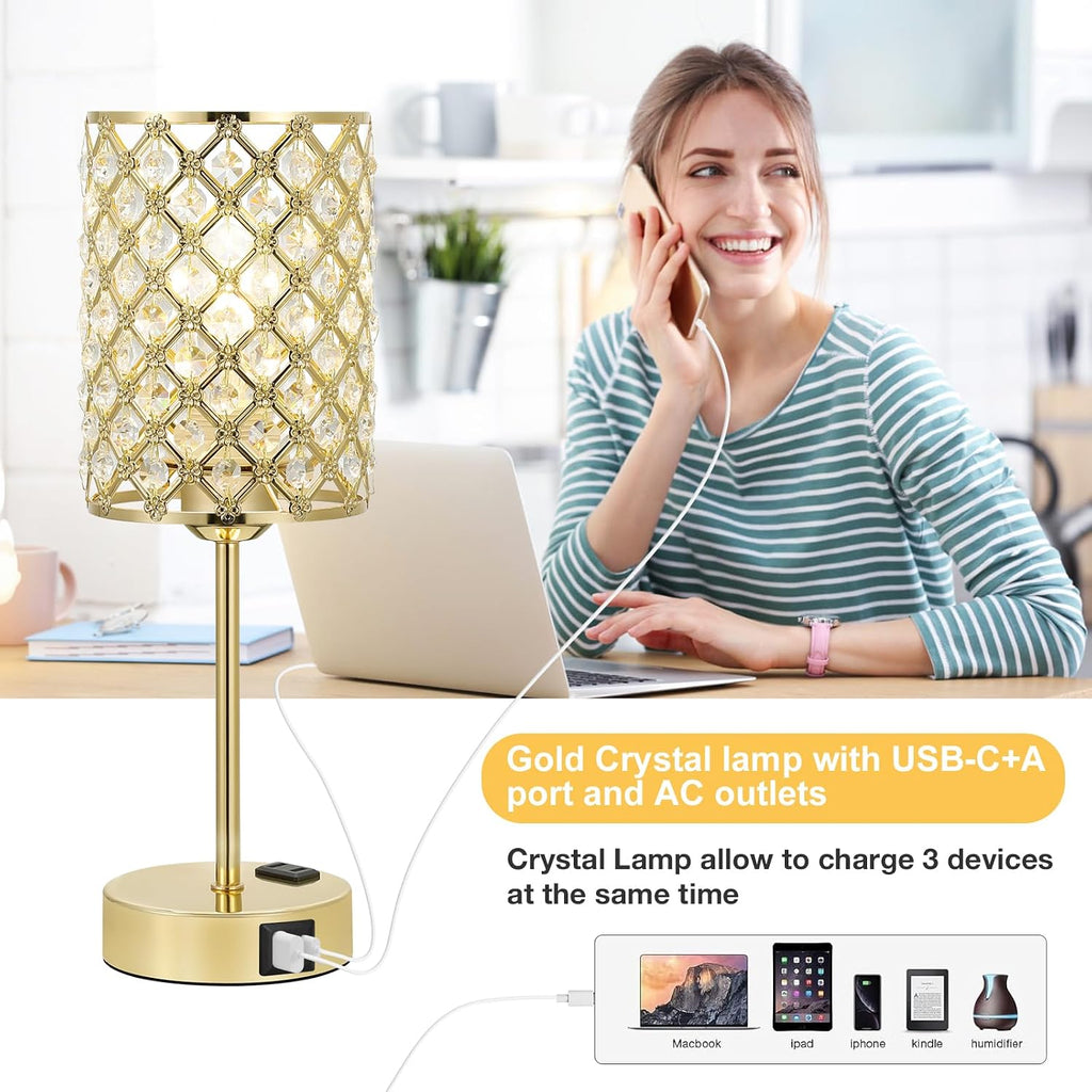 Hong-in Gold Lamps for Night Stands, Crystal Table Lamp with Touch Control