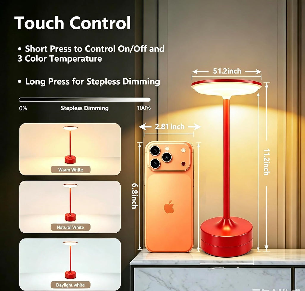 Small Table Lamp, Portable Metal Table Lamp, Cordless Rechargeable Table Lamp , 3 Color Stepless Dimmable Atmosphere Table Lamps for Patio, Camping, Coffee table decor lamp for Indoor/Outdoo(Red)