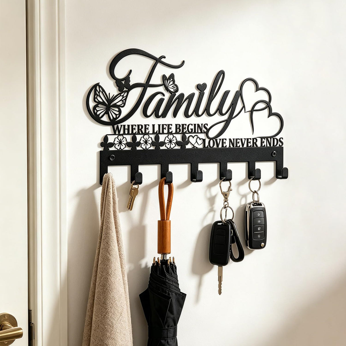 Keys Holder on Wall, Decorative Metal Hanger with 7 Hooks, Black