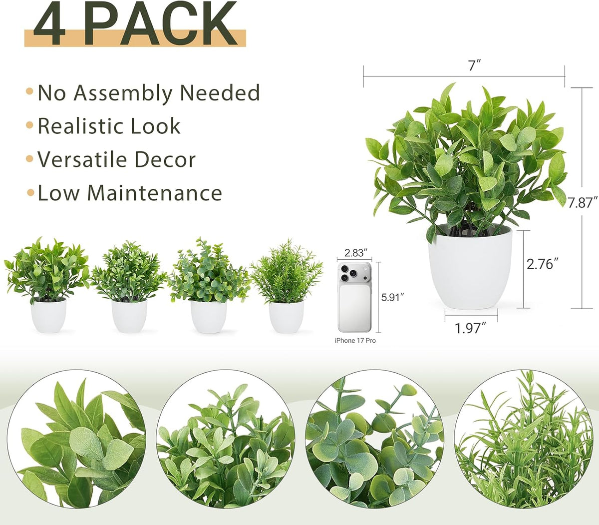 Mkono 4 Packs Fake Plants Small Artificial Potted Plant Home Decor Indoor
