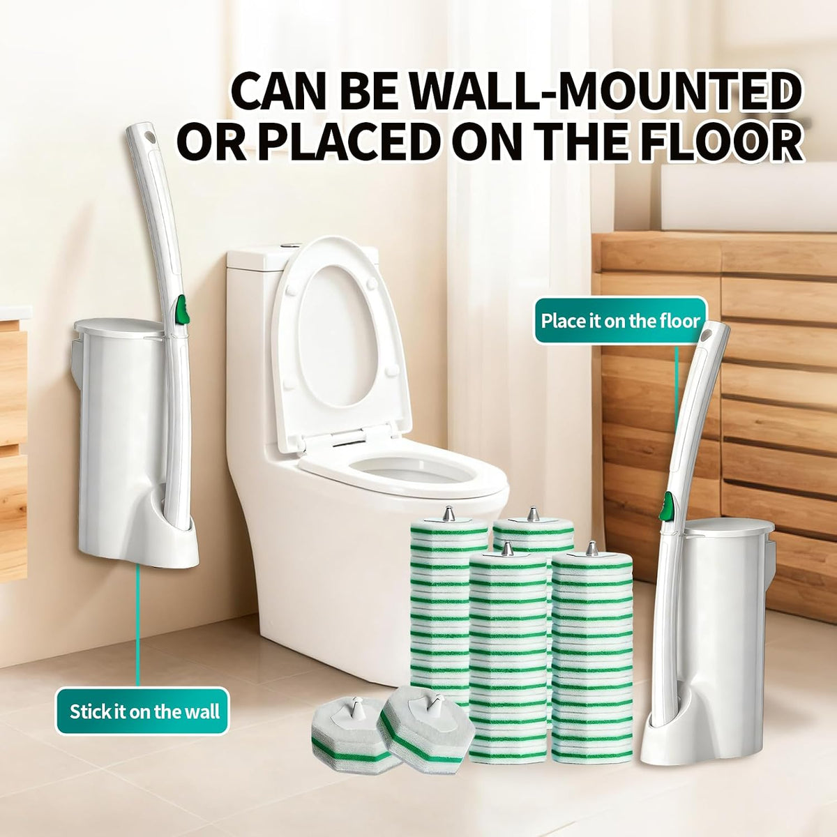 Disposable Toilet Brush, Toilet Bowl Cleaning System with 48 Count Wand Refills, Clean Brush Starter Kit with 1 Wand, 1 Storage Caddy and 1 wall Sticker (White)