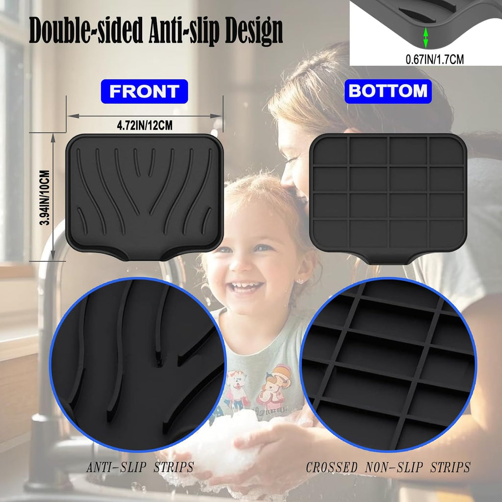 Silicone Soap Dish 2-Pack Black & Gray- Fast-Draining Bathroom Sink Organizer, Non-Slip Shower Soap Tray with Drainage, Durable Silicone Holder for Kitchen & Bathroom (4.72x3.94x0.67 in)
