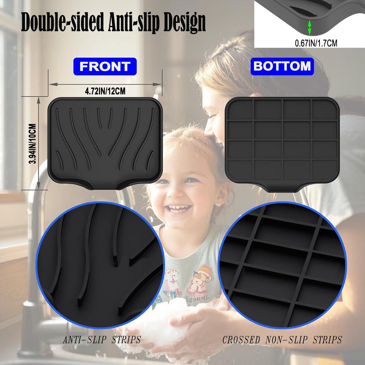 Silicone Soap Dish 2-Pack Black & Gray- Fast-Draining Bathroom Sink Organizer, Non-Slip Shower Soap Tray with Drainage, Durable Silicone Holder for Kitchen & Bathroom (4.72x3.94x0.67 in)