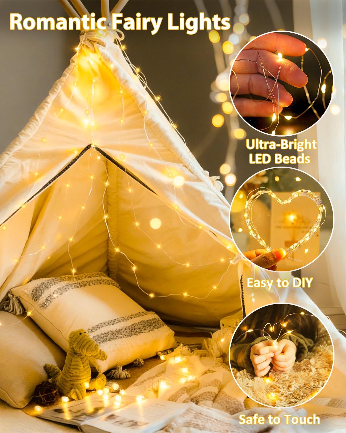 4 Pack 60 LED Fairy Lights Battery Operated with Remote, 20 FT Warm White