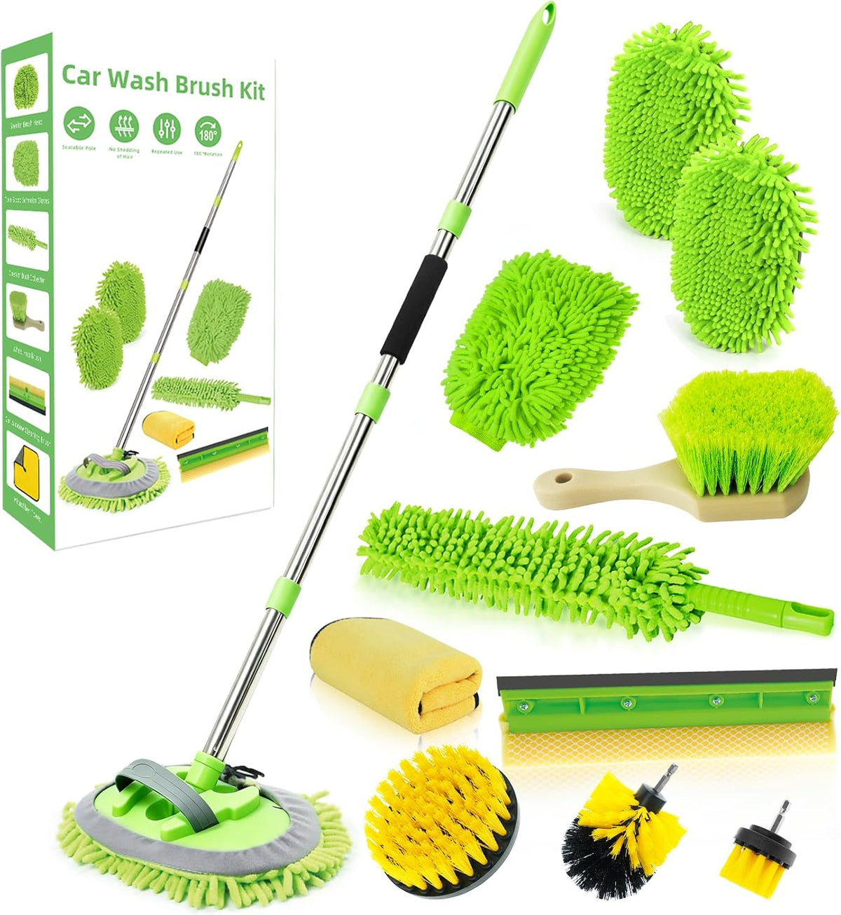 62" Car Wash Brush with Long Handle Chenille Microfiber Car Wash Mop Mitt, Wheel Brush, Windshield Window Squeegee, Car Duster Microfiber Towel, Gloves, Drill Brush, for Cleaning Cars RV Truck Boat