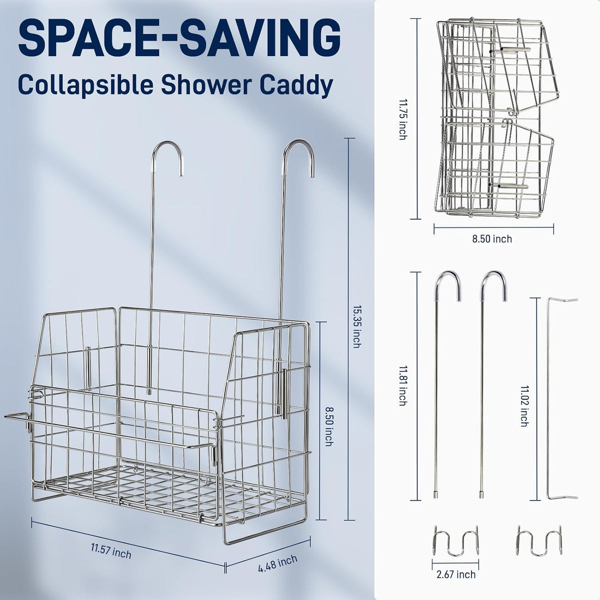 SUTINE Hanging Shower Organizer, Shower Caddy Hanging, Bathroom Storage Rack with Hooks Over the Door, Stainless Steel Rustproof Bathroom Basket Shelf for Bath Faucet or Cross Bar