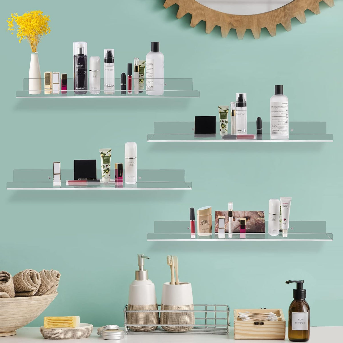 Jansburg Floating Shelves 24 inch Acrylic Wall Ledge Shelves Clear 2 Pack Invisible Display Bookshelf, 5MM Thick Premium Wall Mounted Shelf Bathroom Display Organizer