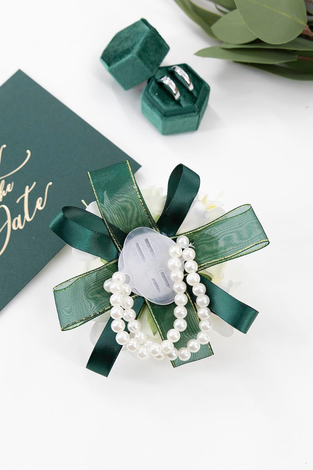 White Green Corsage and Boutonniere Set Prom Wrist Corsage Flower