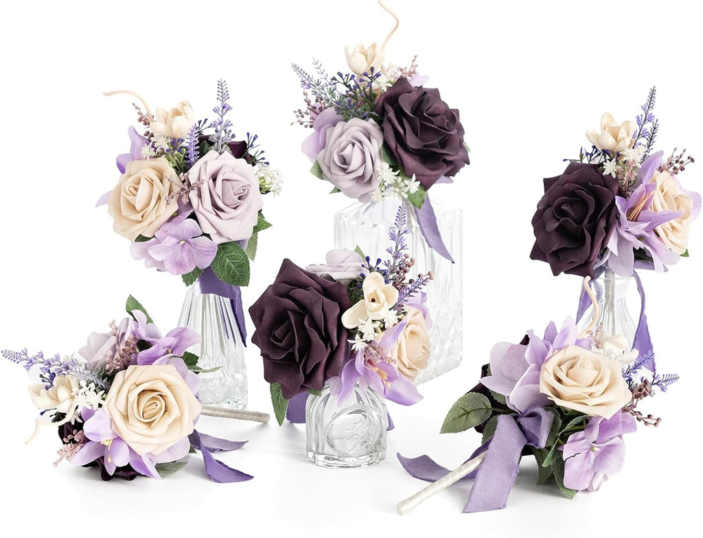 Ling's moment Light Purple Flowers Mini Bridesmaid Bouquets Set of 6 Pre-Made Lilac Small Floral Wedding Centerpieces (Lavender)