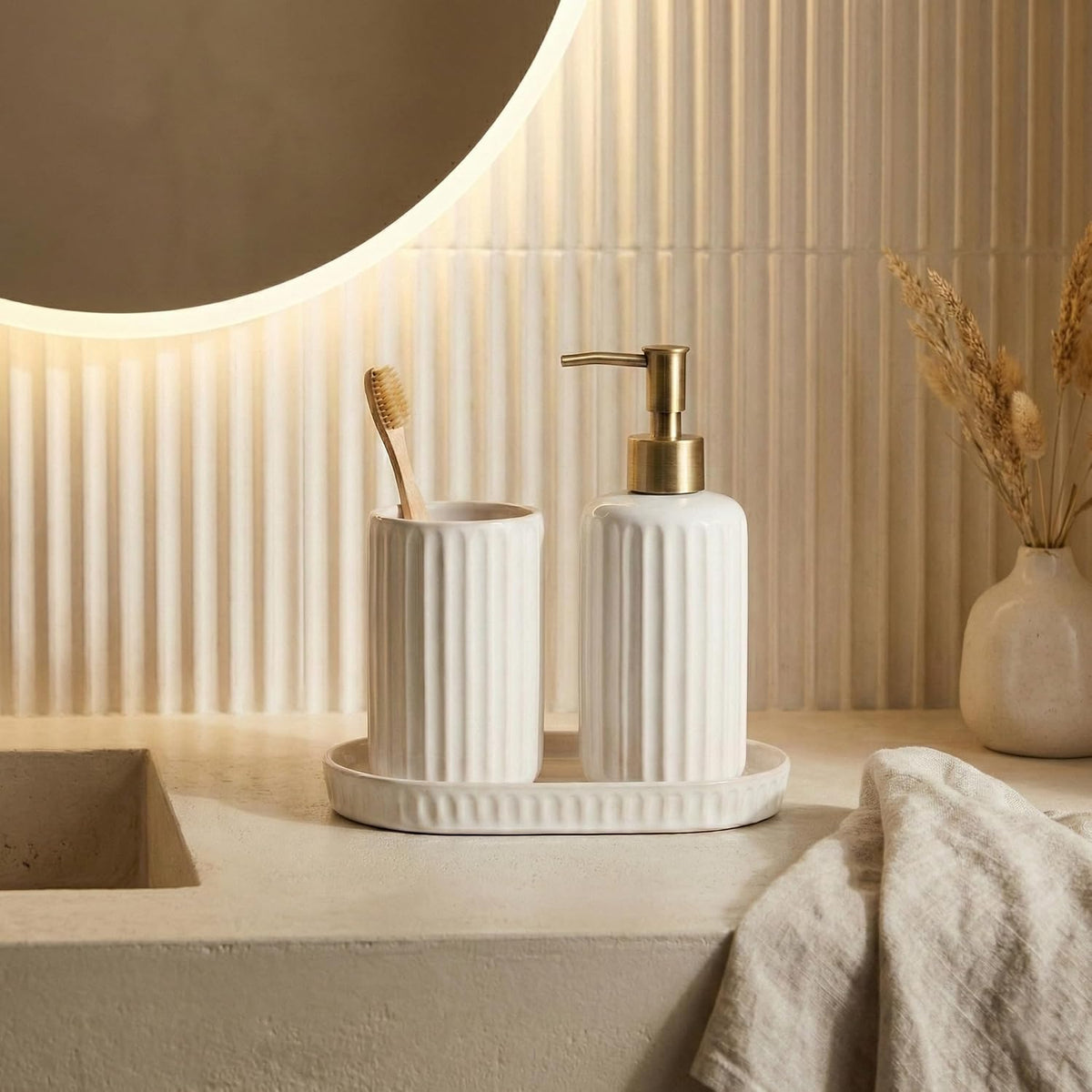Sand White Ceramic Toothbrush Holder for Bathroom & Kitchen Countertop