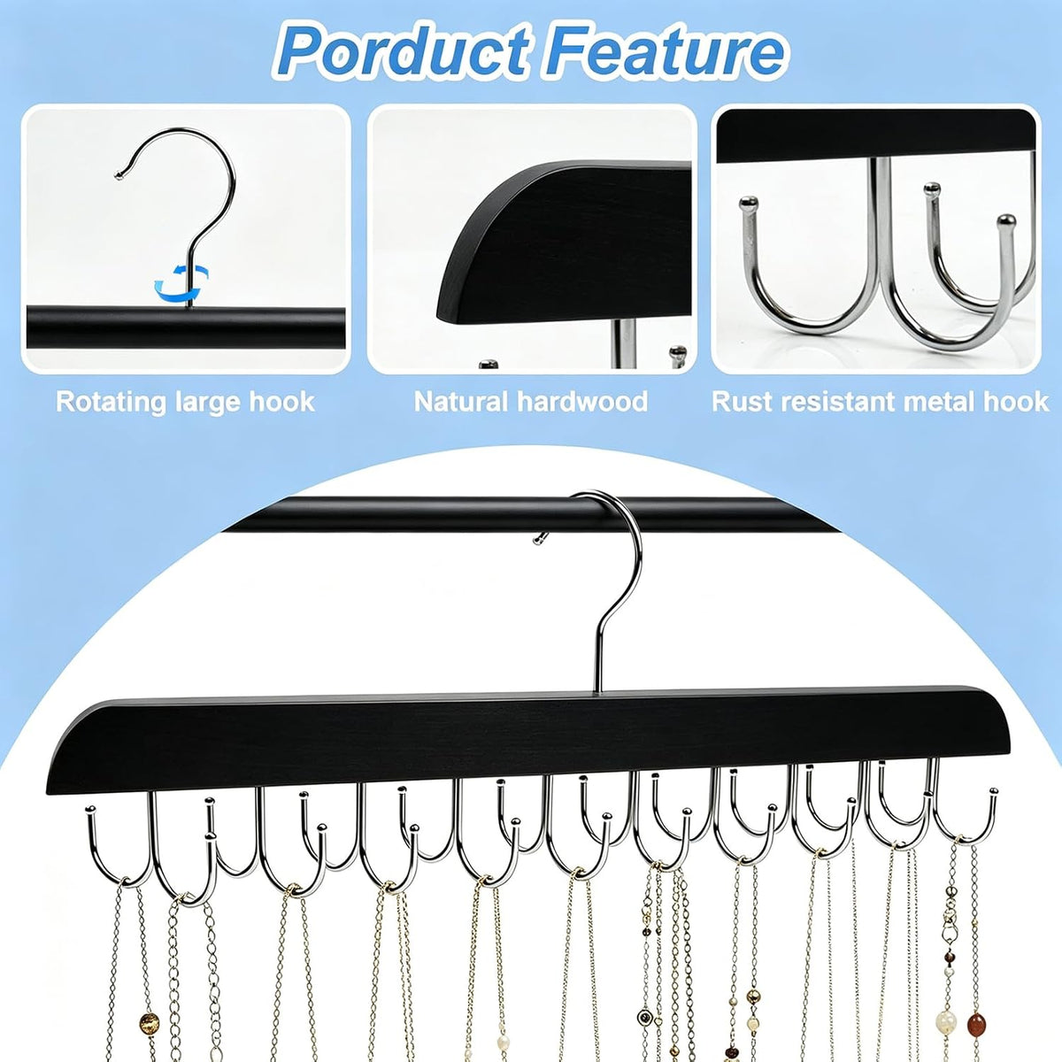 2Pcs Necklace Hanger Wall Mount Jewelry Organizer, Black