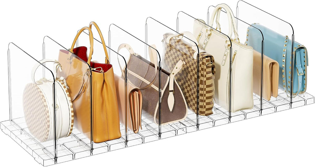 Yecaye Purse Organizer for Closet, Holds 8 Bags, Clear Acrylic Adjustable Shelf Dividers, Stackable Handbag Storage, Keep Bags Upright for Clutch Wallet Pocketbook, Bookshelf Bedroom Office, 2 Pack