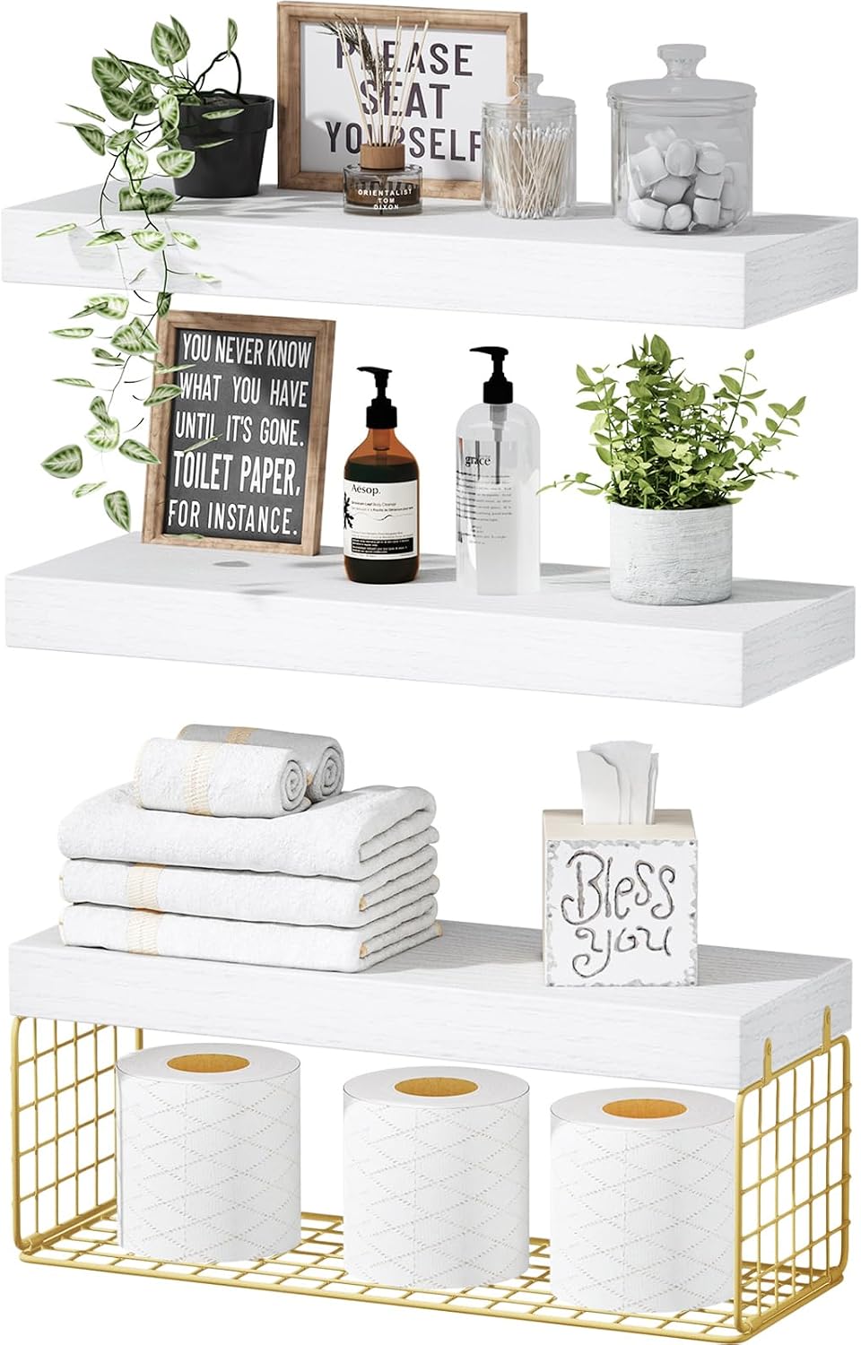 QEEIG Bathroom Shelves Over Toilet Wall (White and Gold, Set of 3, 15.7")