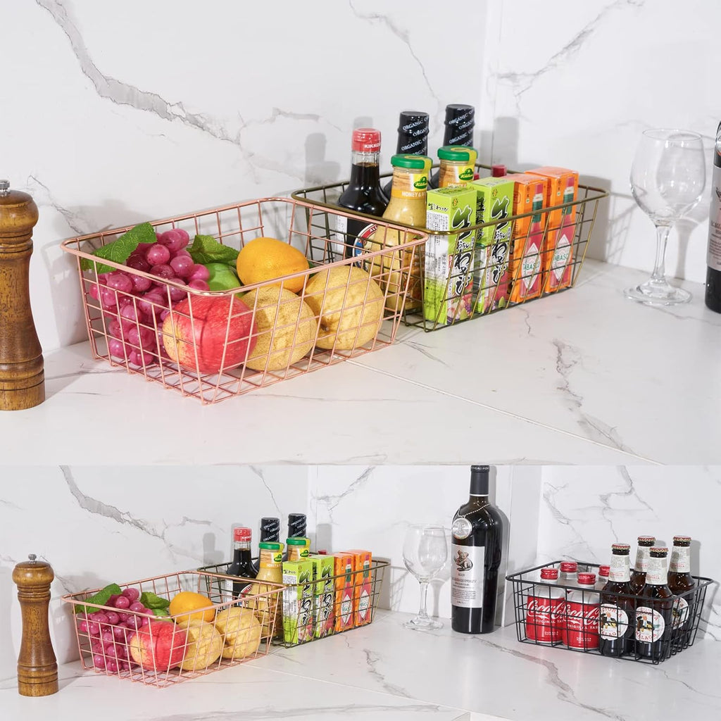 JUNCHU CHERRY Wire Kitchen Storage Basket 4 Packs,Perfect Pantry Organization Accessories Baskets,Laundry Basket,Countertop Organization,Suitable for Kitchen,Bathroom,Bedroom,Tabletop,Rose gold