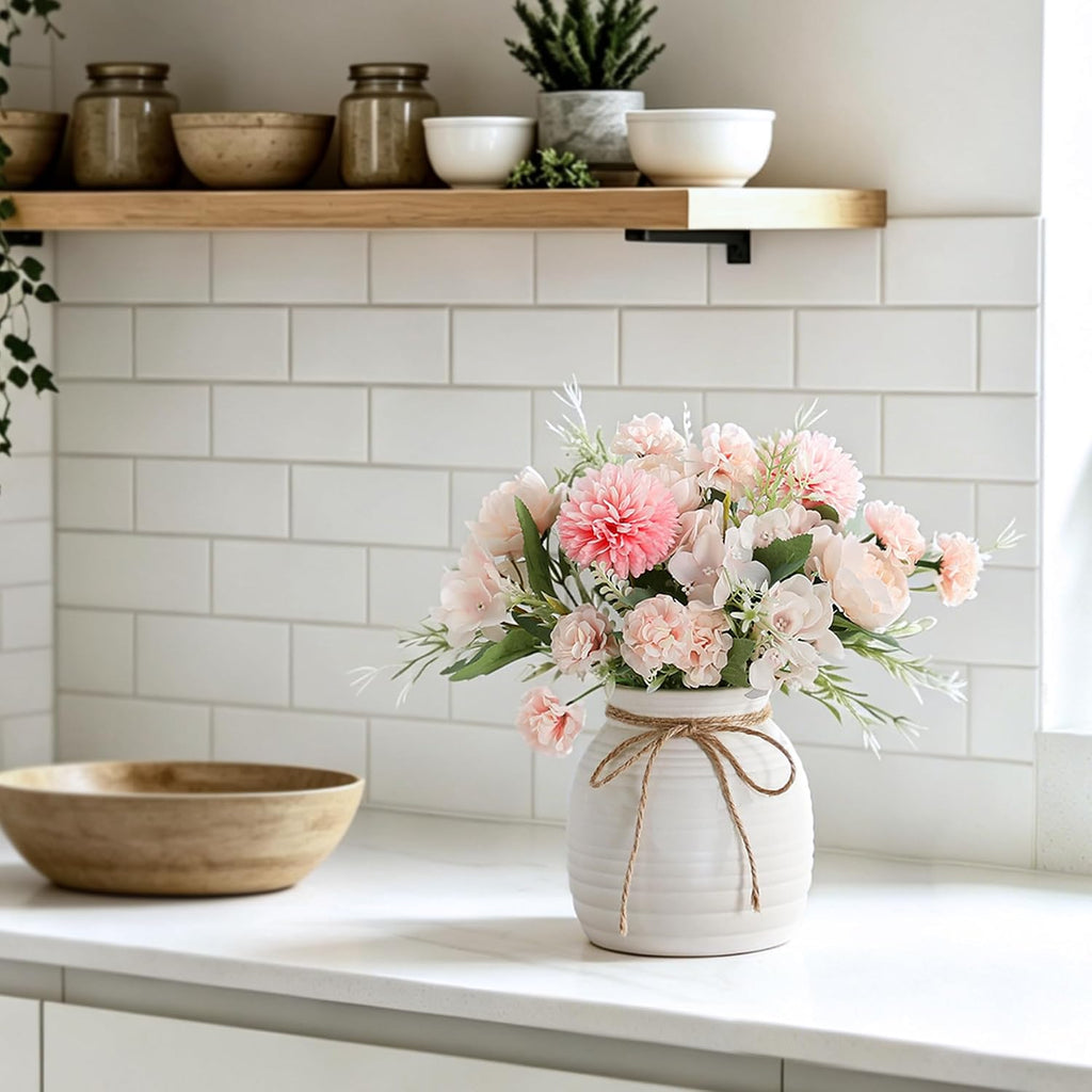 Artificial Flowers with Ceramic Vase, Faux Silk Peony & Hydrangea Bouquet
