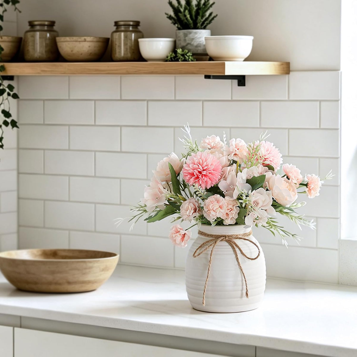 Artificial Flowers with Ceramic Vase, Faux Silk Peony & Hydrangea Bouquet