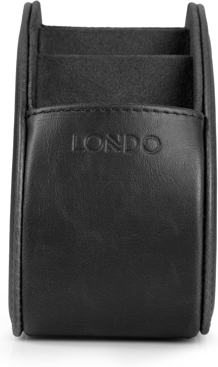 Londo PU Vegan Leather Remote Control Holder with 5 Pockets, Nightstand Caddy & Bedside Organizer for TV, DVD, Blu-Ray, Roku, Apple TV Remotes, Phones, Glasses — Suede Lined Gift for Dad, Black