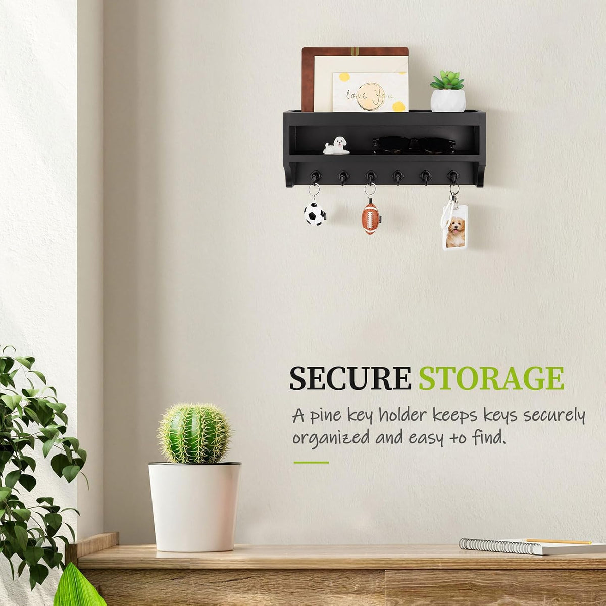 Nekon Key Holder Wall Mount, Pine Wooden Mail Organizer, Black