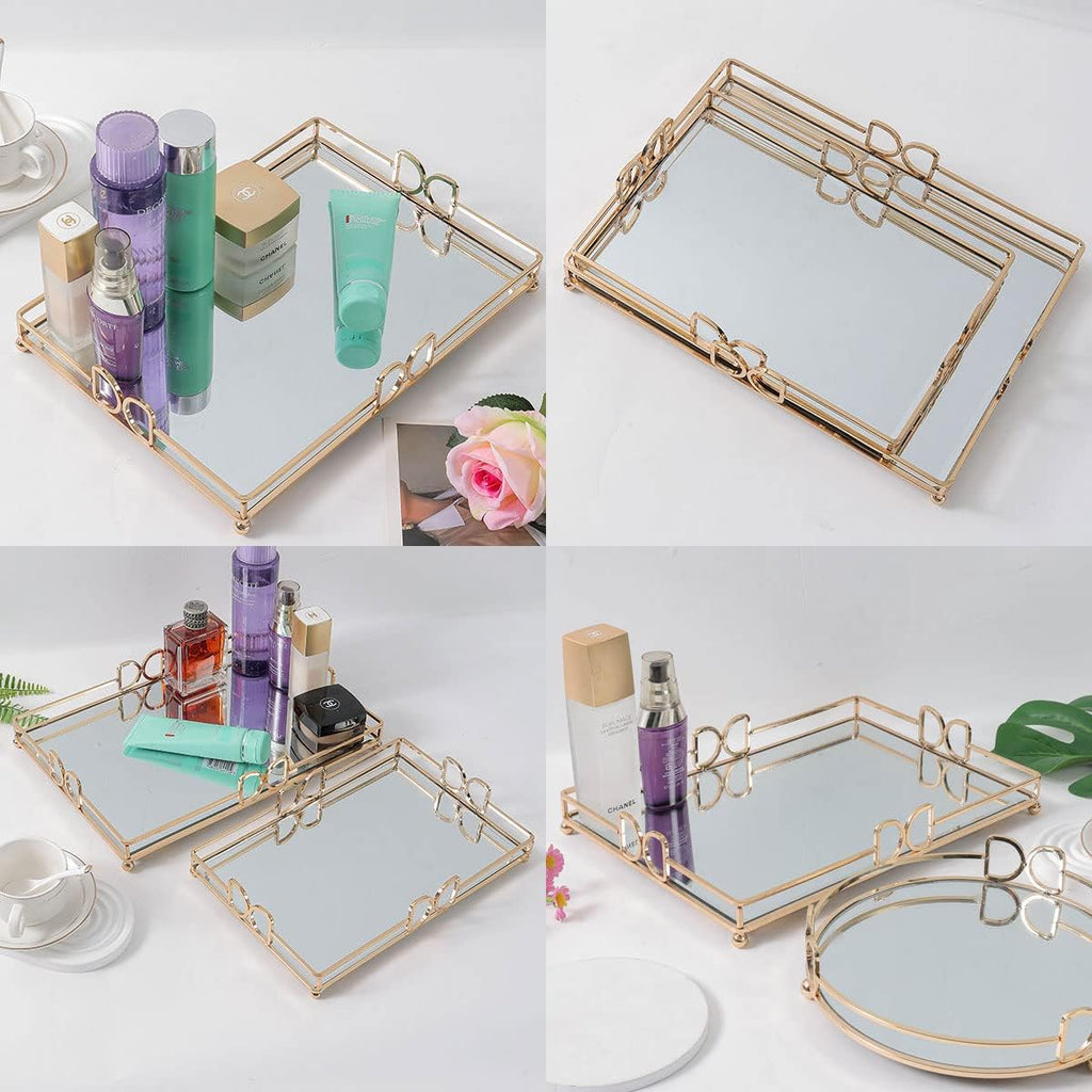 Large Gold Mirrored Tray for Makeup Vanity, 14x10 Entire Length Perfume Organizer for Dresser Top, Elegant Decorative Countertop Storage