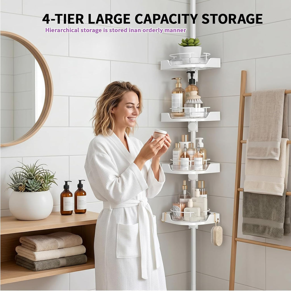 YCIA&DONE 360° Rotating Corner Shower Caddy Tension Pole, 4 Tiers Shower Organizer for Bathroom Shelf Bathtub, Adjustable Standing Shower Rack, Easily Assemble, 34-124 Inch Height, White