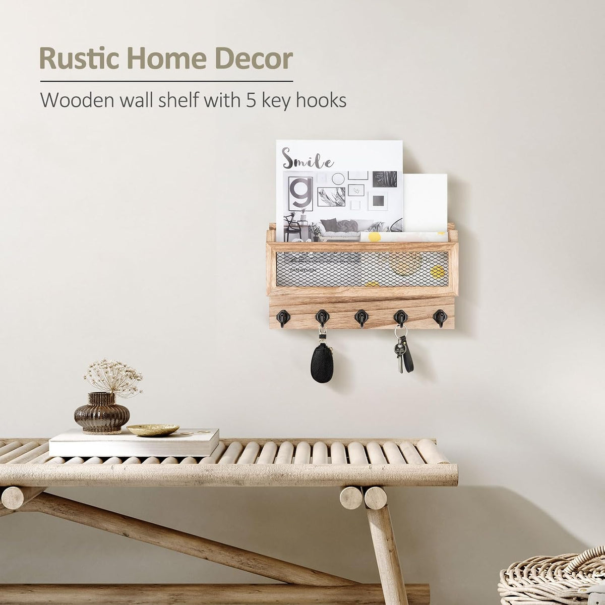 Nekon Mail and Key Holder for Wall Decorative, 11 Inch Mail Holder, Wood