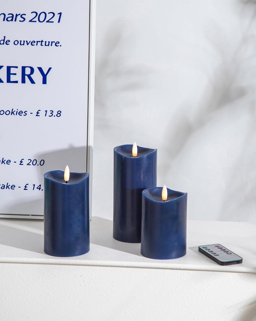 Navy Blue Real Wax Flameless Pillar Candles with Remote and Timer, Set of 3