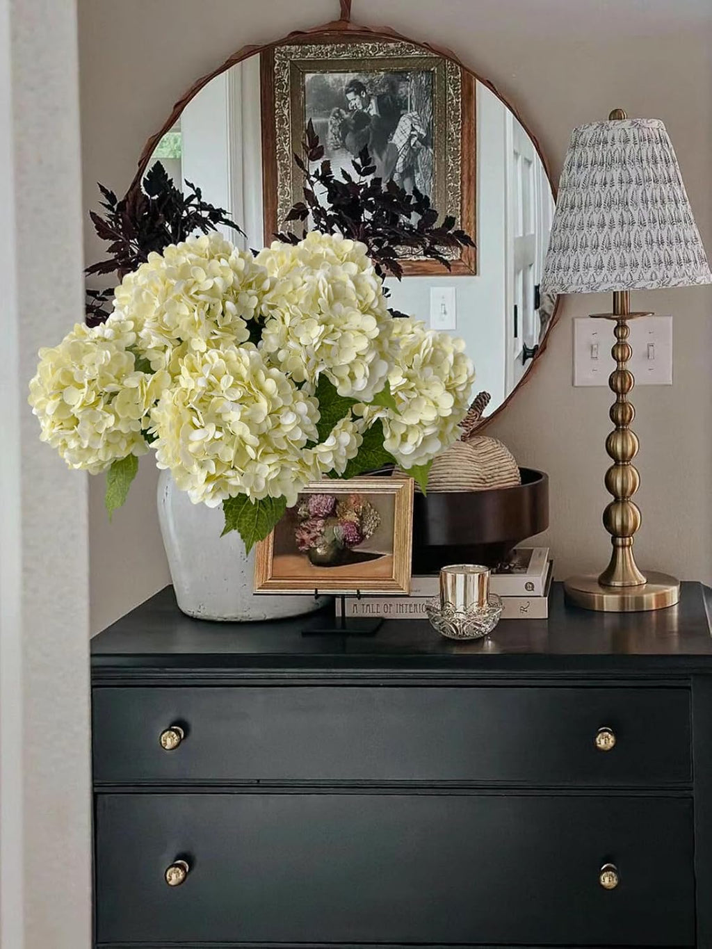 YalzoneMet 3 PCS Beige Creamy Hydrangea Artificial Flowers 21 inches Real Touch Faux Latex Hydrangea Flowers for Wedding Tables Centerpieces Fake Flowers for Party Home Kitchen Decor