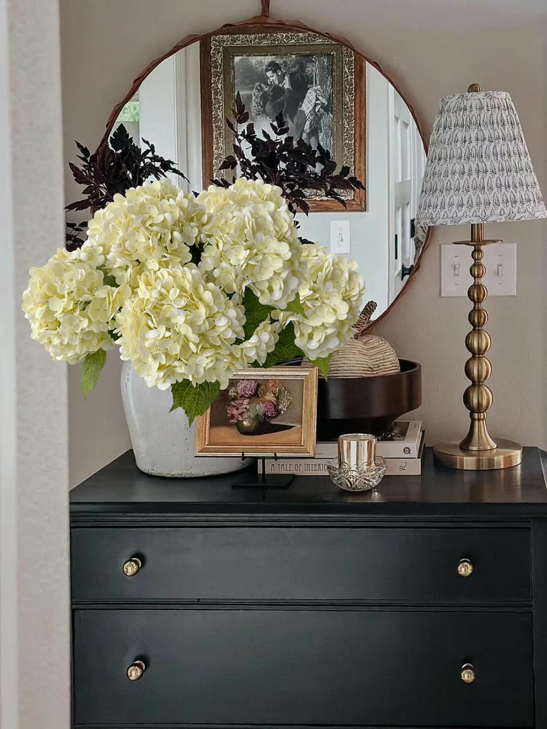 YalzoneMet 3 PCS Beige Creamy Hydrangea Artificial Flowers 21 inches Real Touch Faux Latex Hydrangea Flowers for Wedding Tables Centerpieces Fake Flowers for Party Home Kitchen Decor