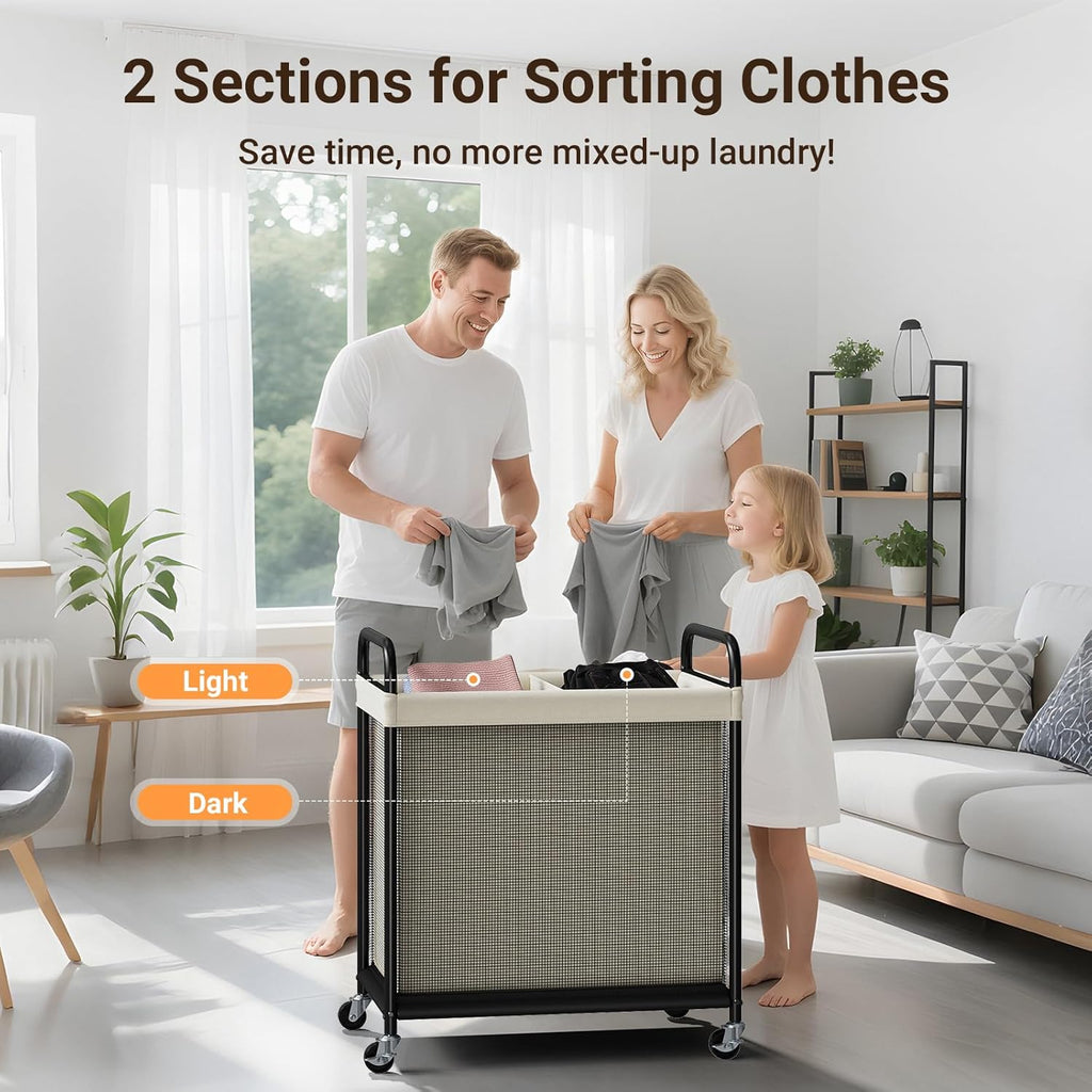 ELYKEN Laundry Hamper 2 Section, 100L Rolling Laundry Sorter with Wheels