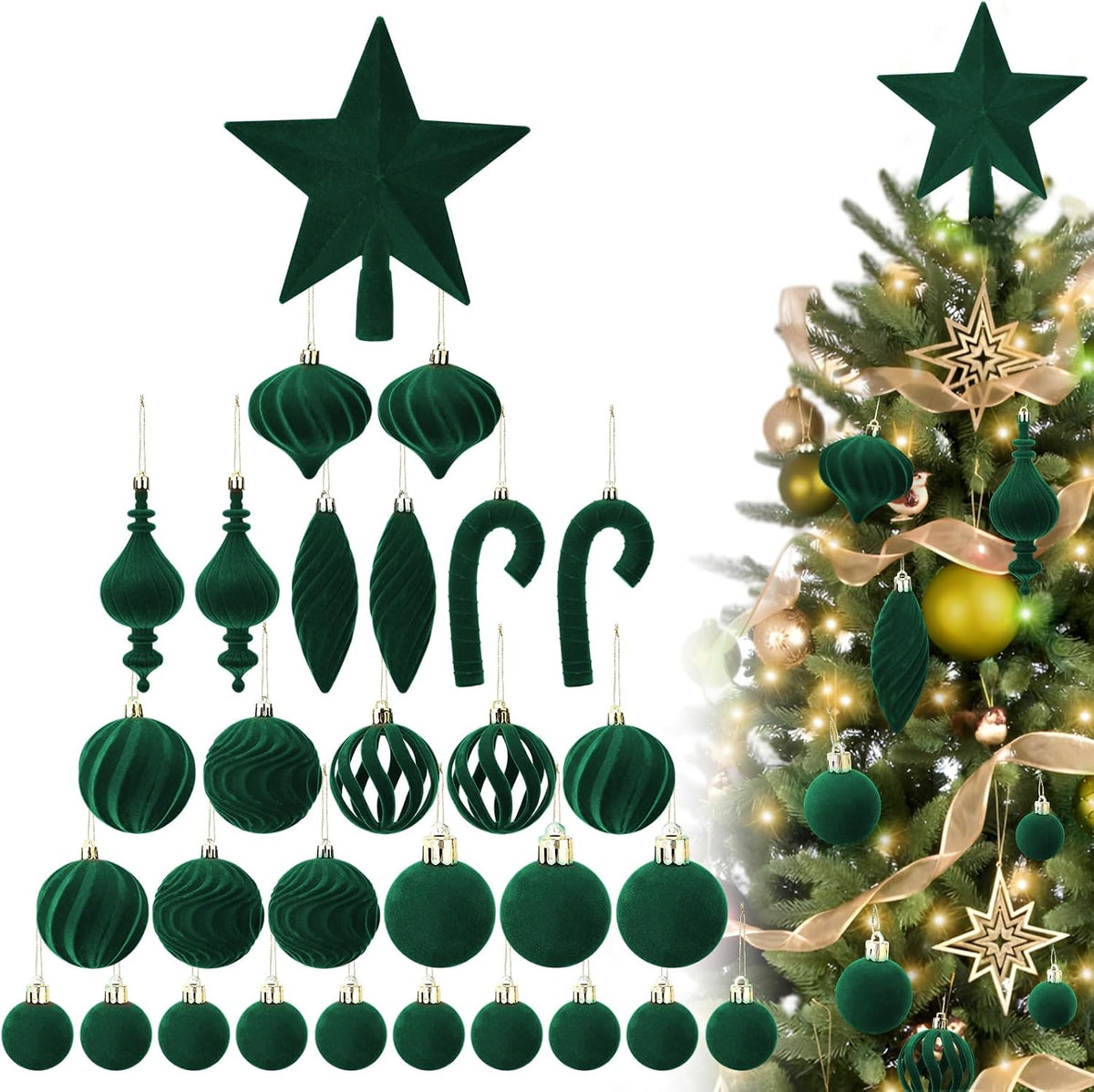 Acostop Green Velvet Star Christmas Tree Topper & Ornaments Set, 30Pcs