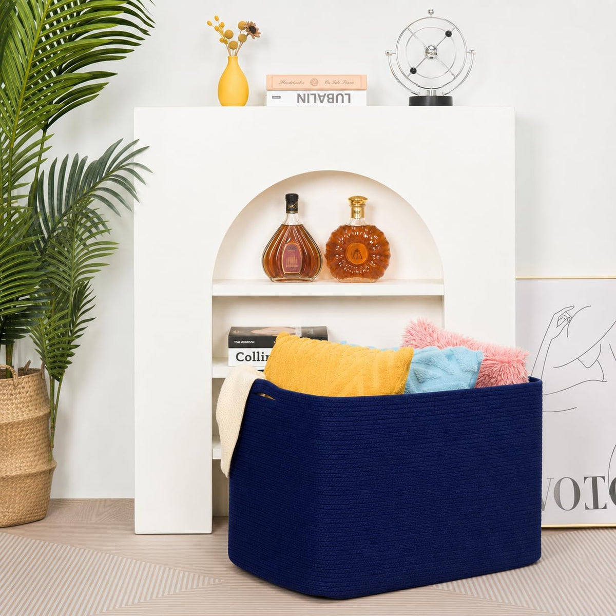 MINTWOOD Design 112L Extra Large Blanket Basket Holder Living Room, 25"x17"x16" Rectangle Rope Woven Storage Basket with Handles for Laundry, Towels, Shoes, Dog Toy Organizer Bin Box, Full Navy