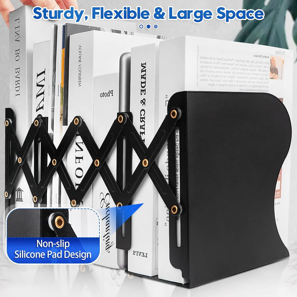 2PCS Heavy Duty Book Ends with Detachable Pen Holder, Adjustable Bookends for Shelves, Sturdy Metal Book Ends for Tabletop