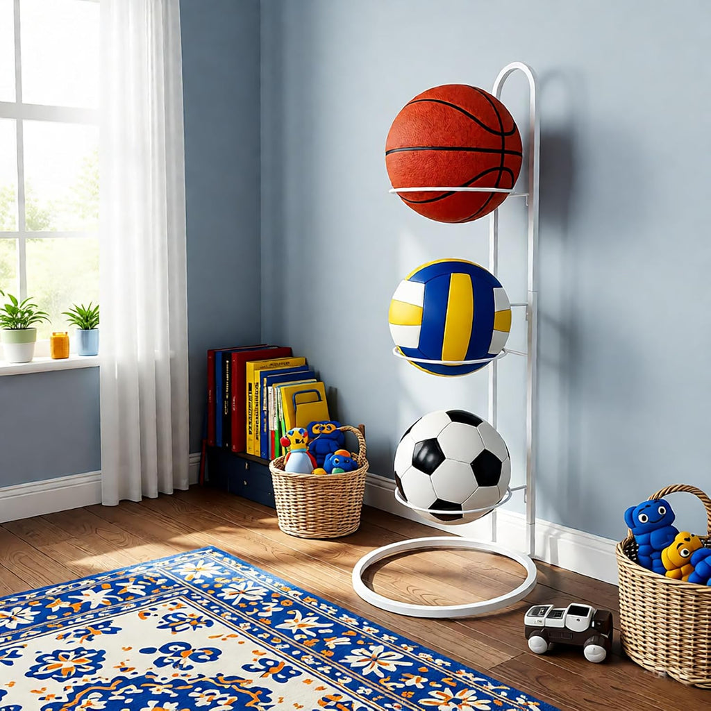 Ball Storage Rack, White Metal, 4-Tier Vertical Organizer for Basketball, Soccer, Volleyball, Sports Equipment Holder (4-Tier)