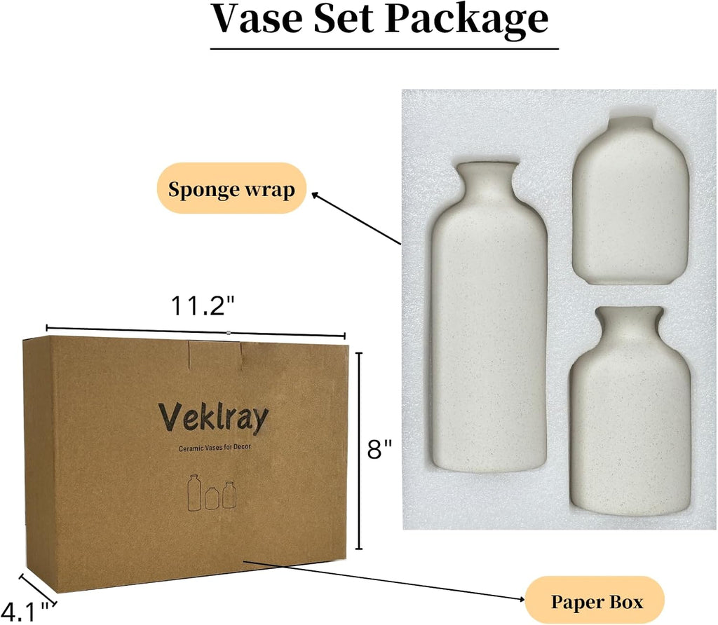 Small White Ceramic Vase Set of 3,Modern Boho Farmhouse Flowers Vases