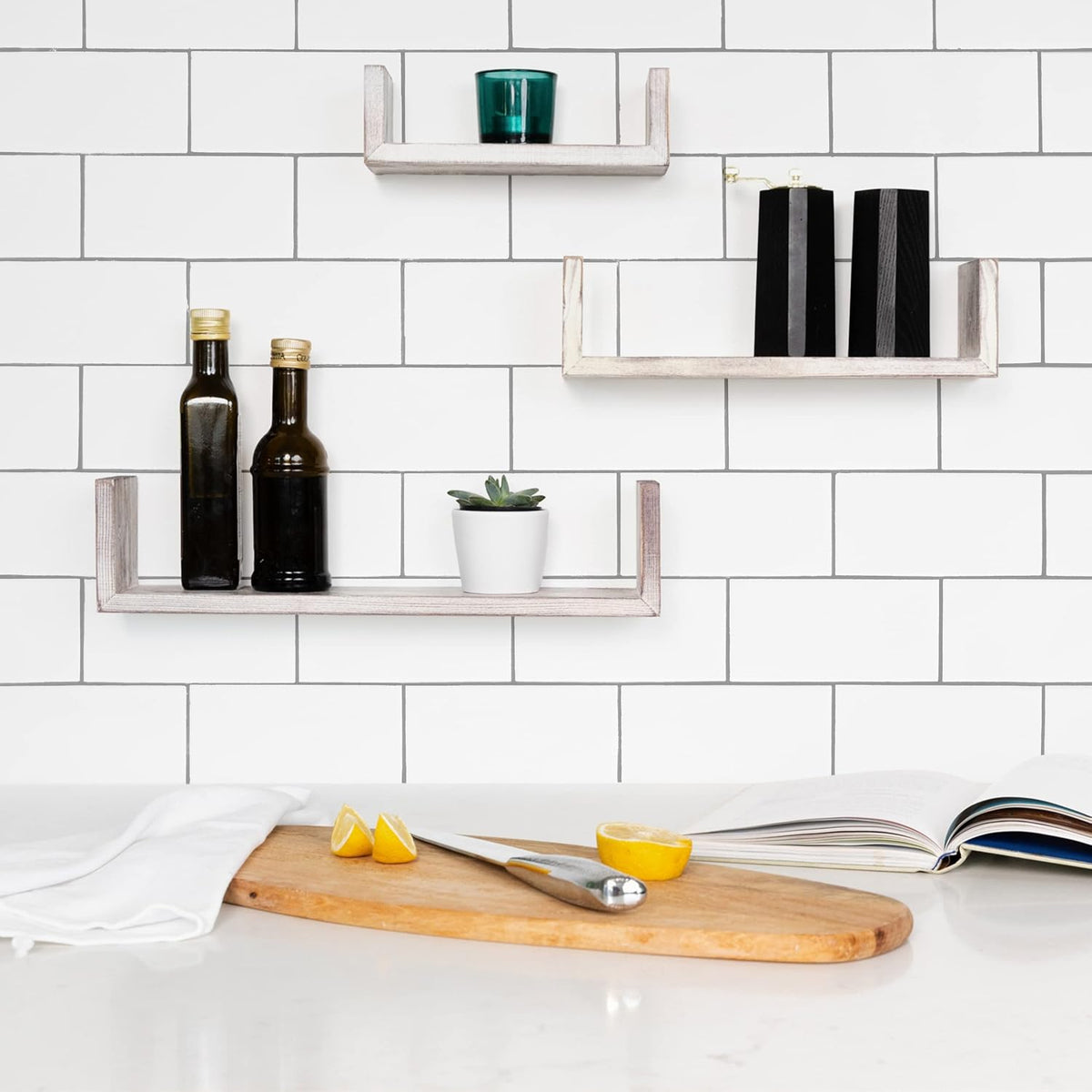Greenco Set of 3 Floating “U” Shelves, Easy-to-Assemble Floating Wall Mount Shelves for Bedrooms and Living Rooms, Rustic Finish (Pack of 2)