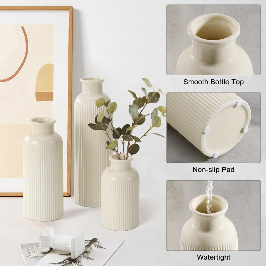 Small Beige Ceramic Vase Set of 3, Boho Modern Beige Flower Vase Room Decor, Farmhouse Decor, Vases for Your Kitchen, Bathroom, Bedroom, Living Room, Office&Shelf Centerpiece Table Decorations