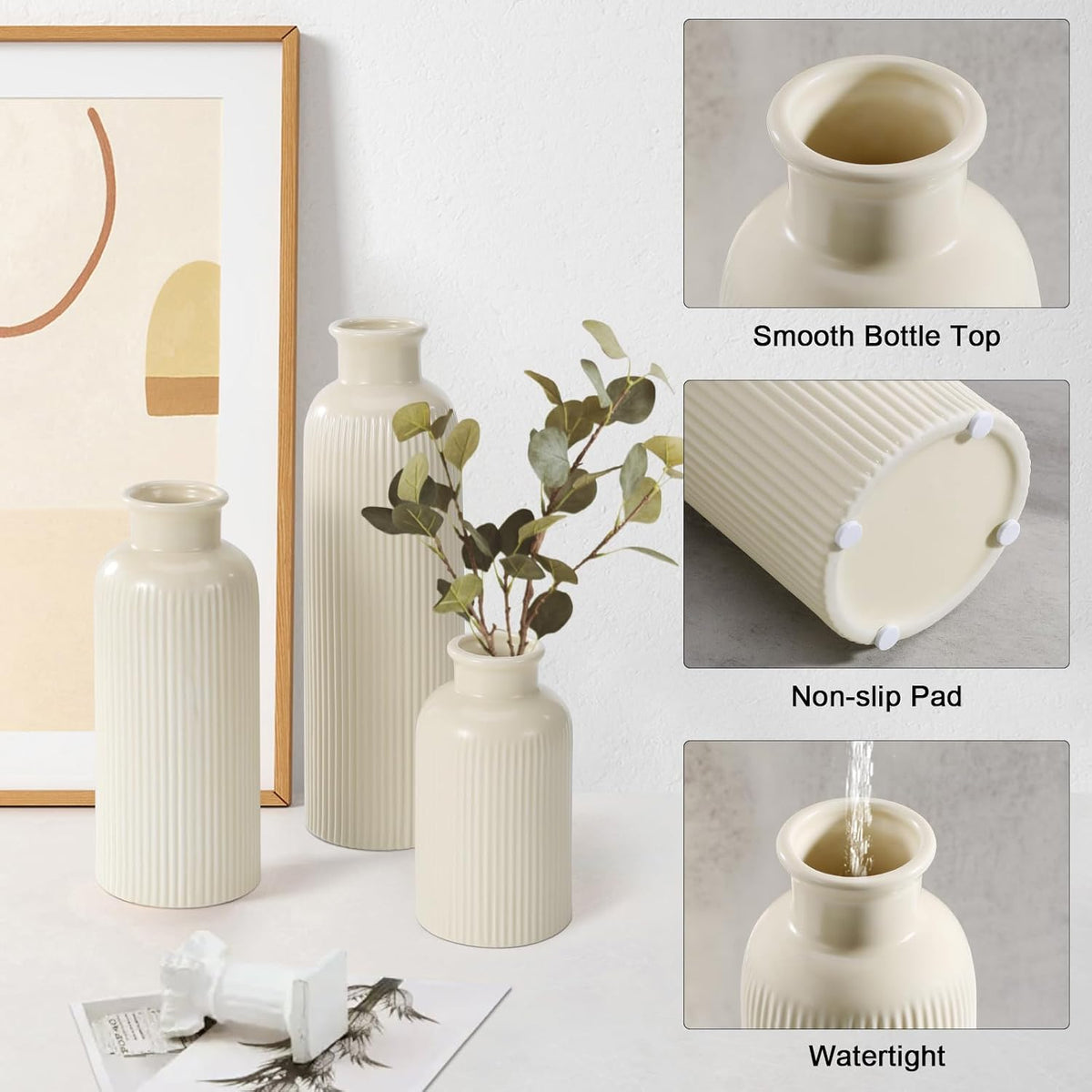 Small Beige Ceramic Vase Set of 3, Boho Modern Beige Flower Vase Room Decor, Farmhouse Decor, Vases for Your Kitchen, Bathroom, Bedroom, Living Room, Office&Shelf Centerpiece Table Decorations