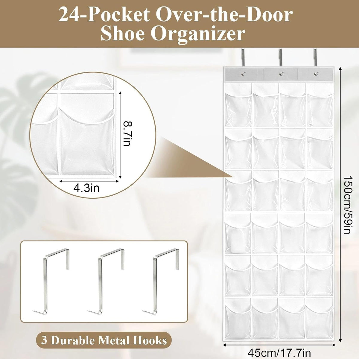 24 Pockets Over the Door Shoe Organizer, Clear Hanging Shoe Organizer with 3 Metal Hooks, Space Saving Shoe Holder Rack for Closet Dorm Bedroom Entryway Bathroom Storage, White