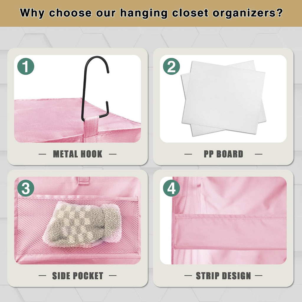 3-Shelf Hanging Closet Organizer, Washable Foldable Storage Shelves, Pink