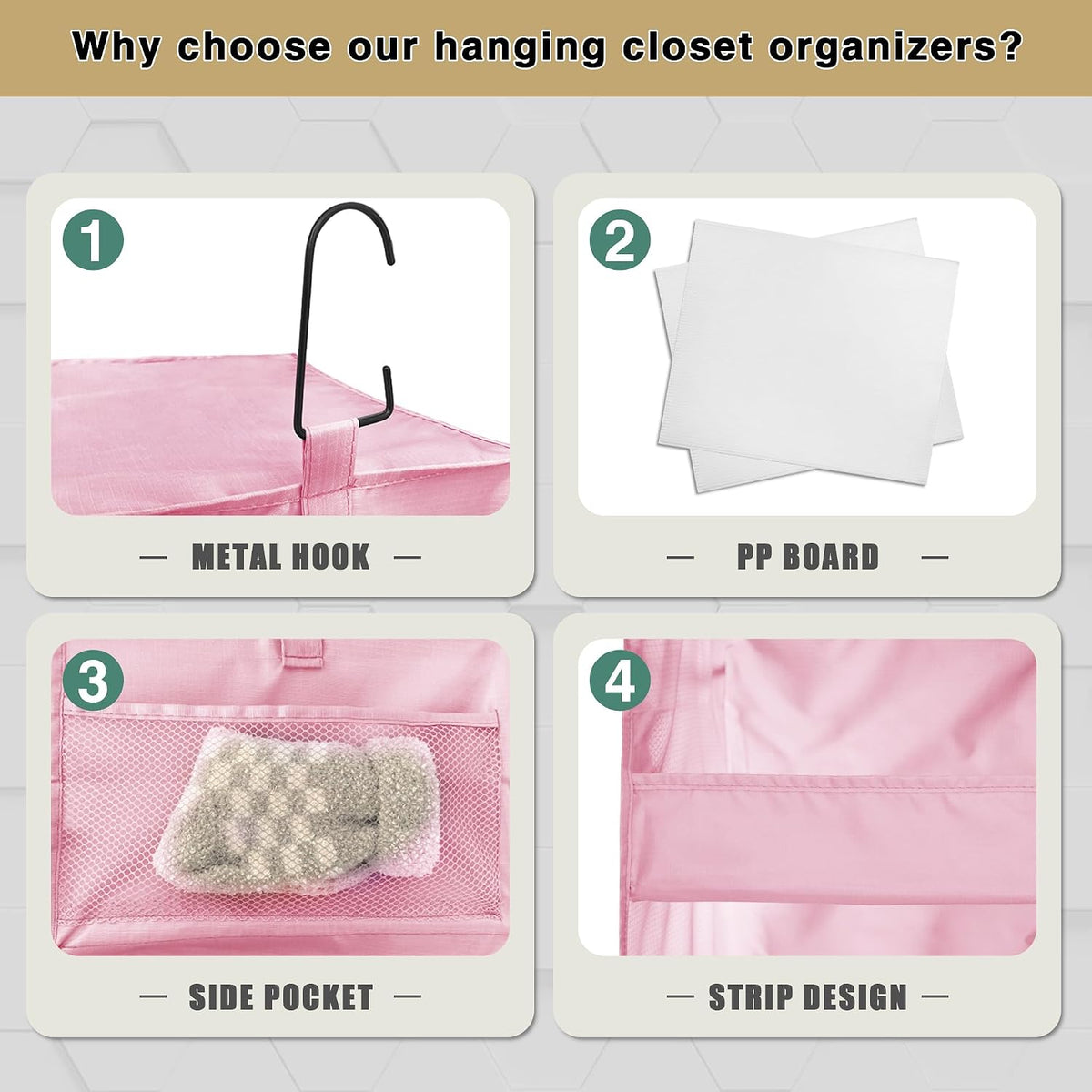 3-Shelf Hanging Closet Organizer, Washable Foldable Storage Shelves, Pink