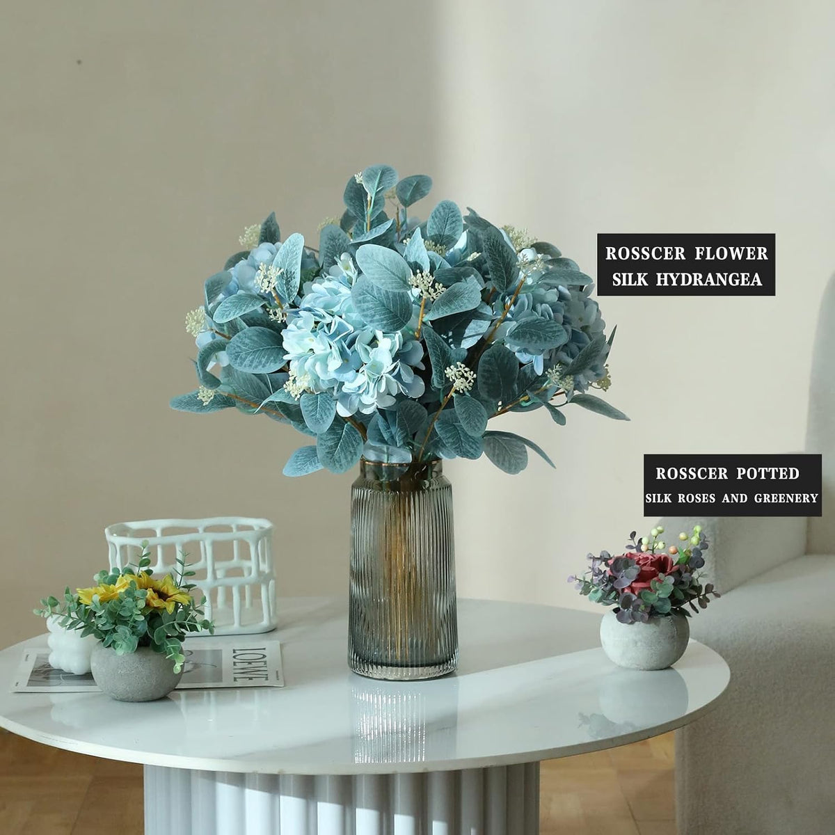 Sky Blue Artificial Eucalyptus Stems, 12Pcs 20" Branches with Beige Berries