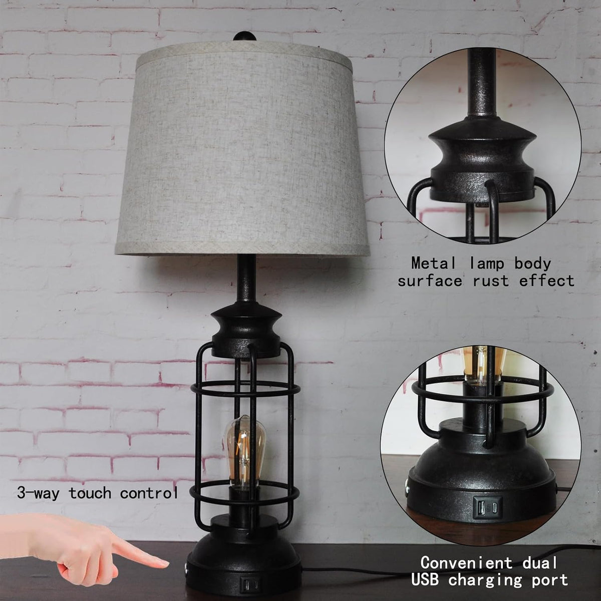 Table Lamps Set of 2 with USB Port 3 Way Dimmable Touch Lamps 28.5" Tall Rustic Industrial Living Room Lamps for Bedroom Bedside Office 4 Bulbs Included