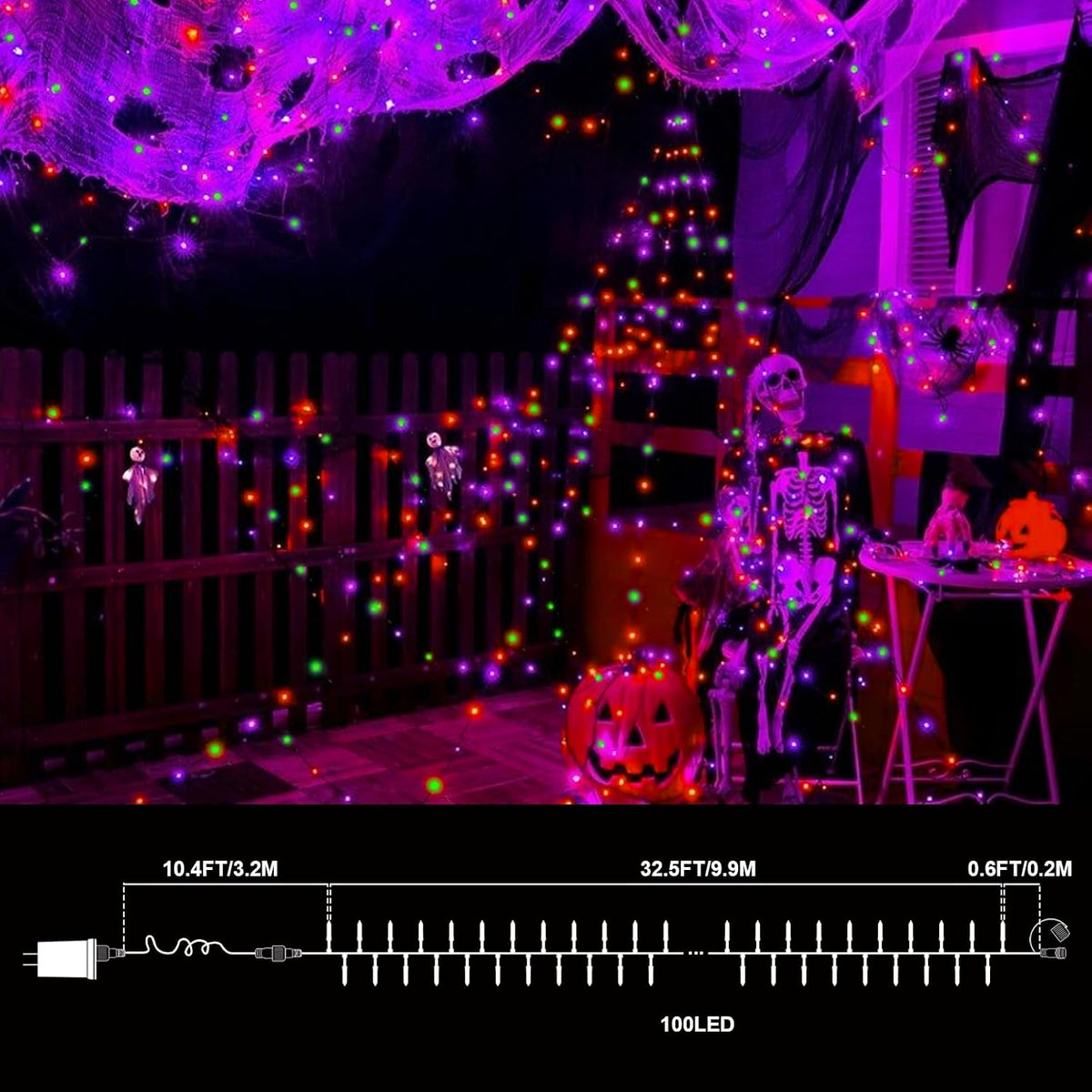 LAMPHOME Orange Purple Green Halloween String Lights Outdoor, 32.5FT 100 LED Waterproof Christmas Lights with 16 Lighting Modes for Halloween Garden Party Christmas Xmas Tree Lights Decor