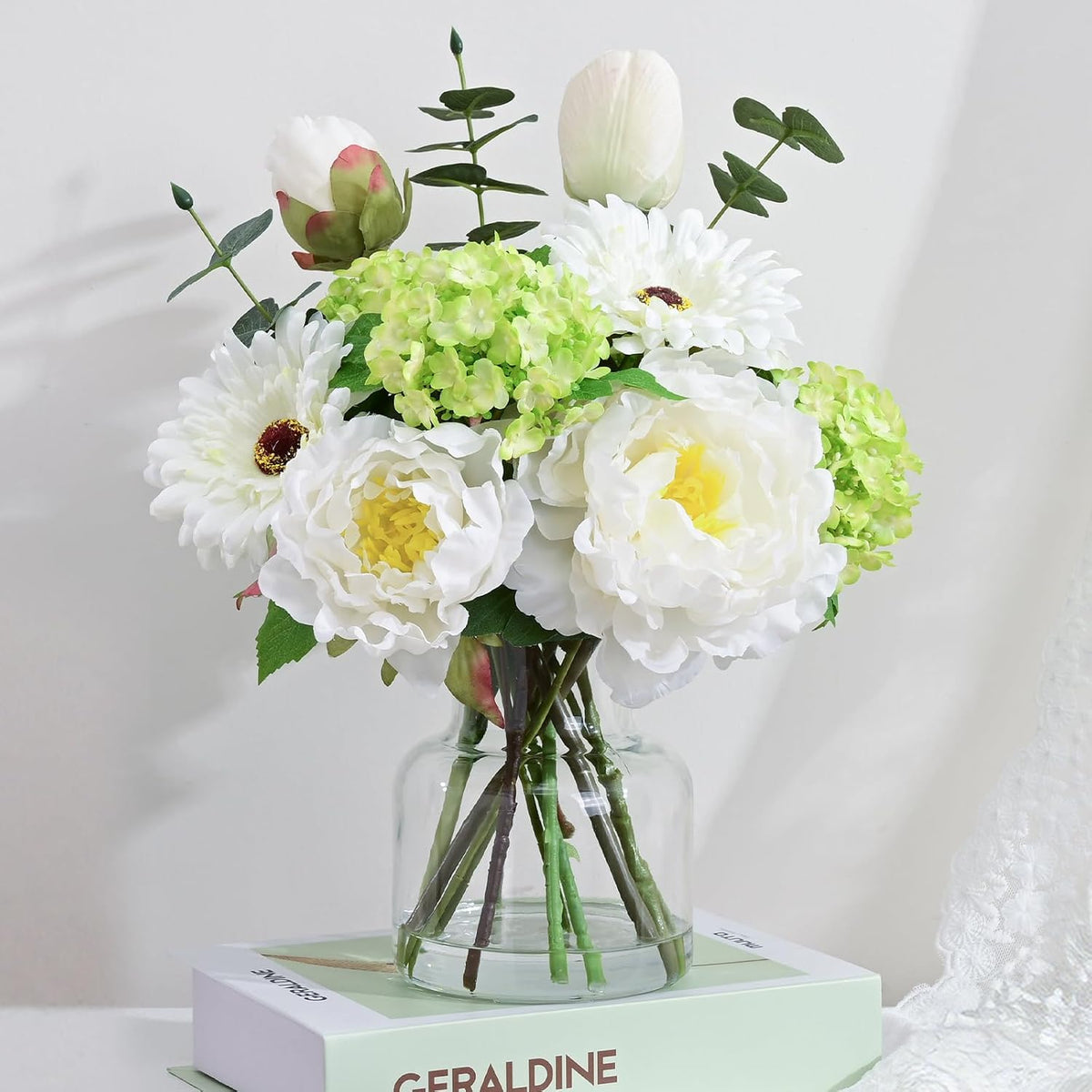 Livole Artificial Faux Flowers with Vase & Water Silk Fake Flowers, White