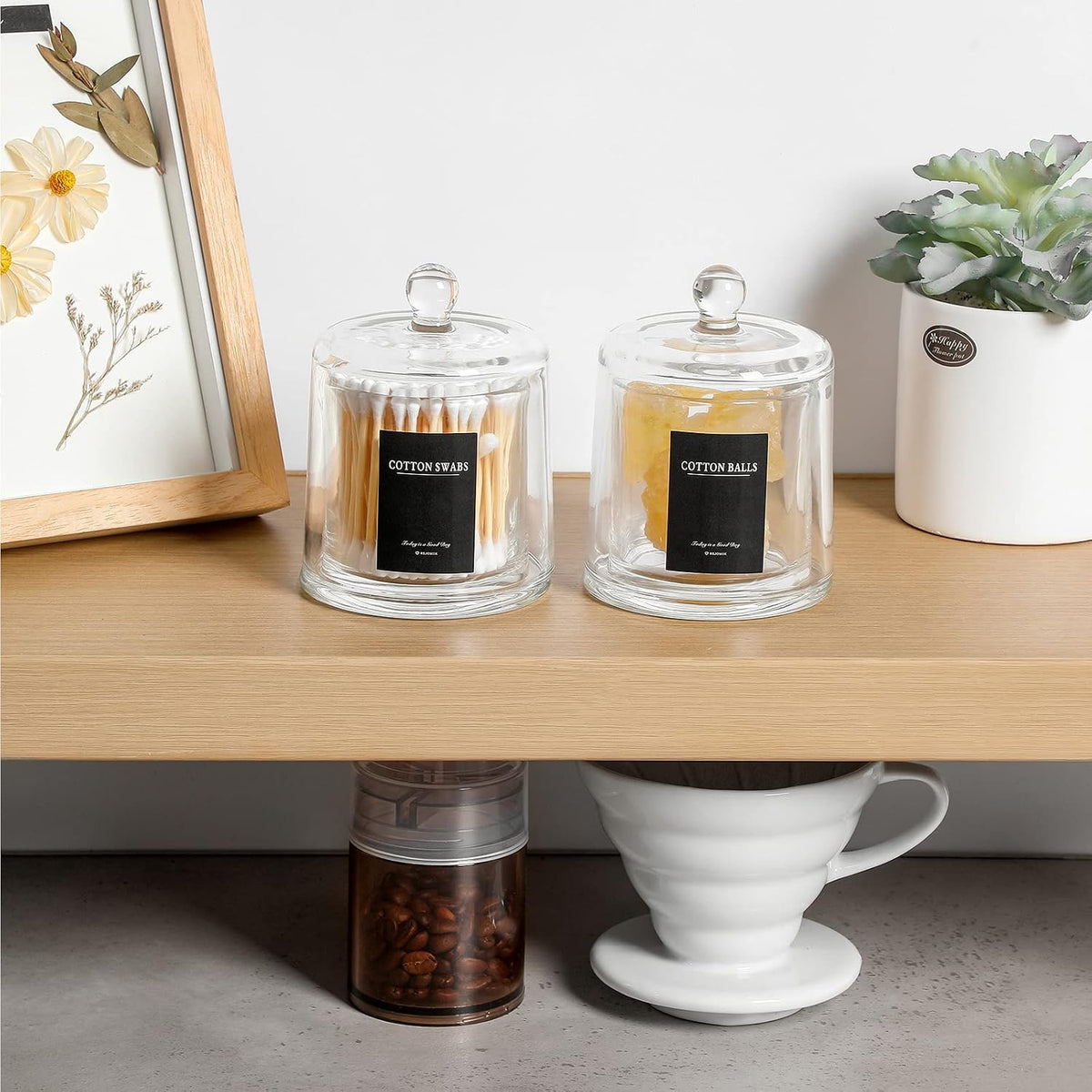 Qtip Holder Apothecary Jars with Lid, 2 Pack Thick Glass, Clear
