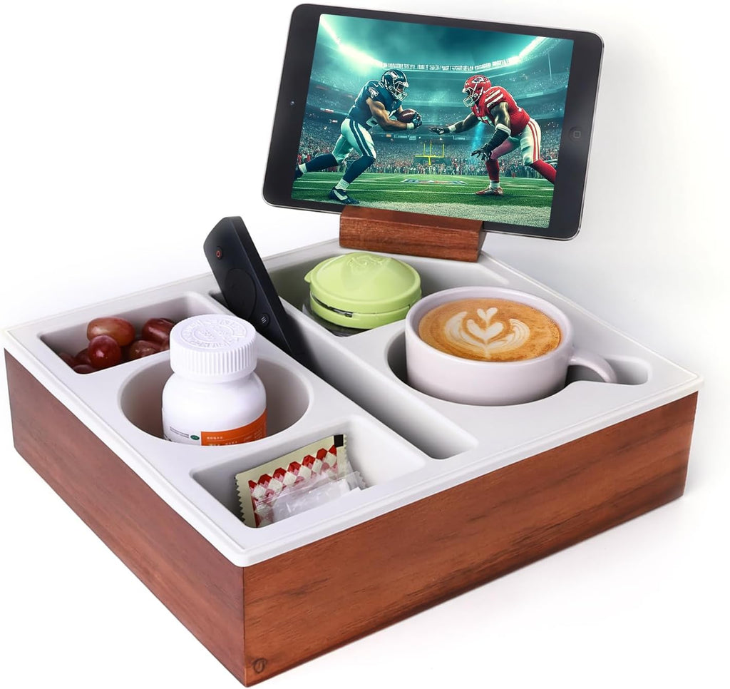 Couch Cup Holder Tray, Soft Food Grade Silicone Acacia Wooden Couch Caddy for Bed Car Seat Beach Organizer, Anti-Spill Couch Drink Holder for Snacks Beverage Remote (Beige, 11.5 * 10 * 3 in)