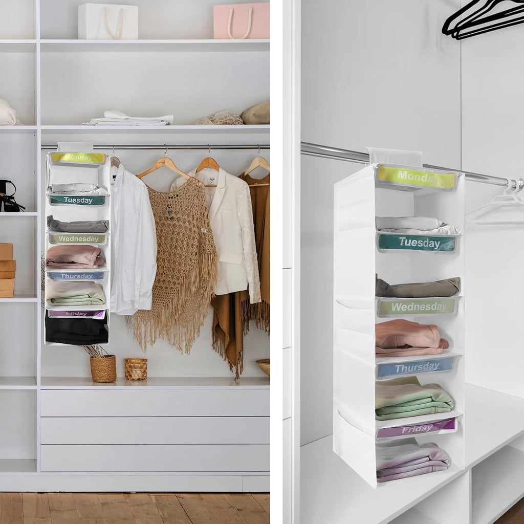 5 Shelf Weekly Hanging Closet Organizer Monday Through Friday Clothes White