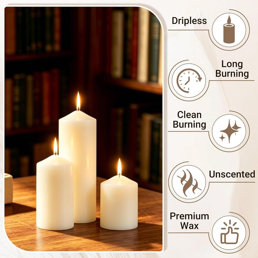 36-Pack Ivory White Pillar Candles Bulk Set, 2x3, 2x4, 2x6 Inch