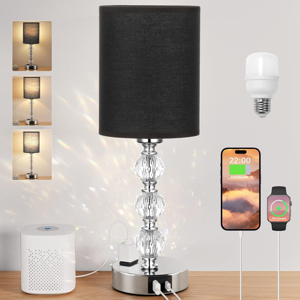 Black Touch Bedside Lamps for Bedrooms - Crystal Table Lamp with USB C+A Charging Port and AC Outlet Nightstand, 3 Way Dimmable Silver Small End Side Table Lamp for Living/Guest/Dinning Room/Kitchen